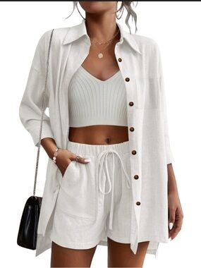 NWT 100% cotton button up shorts set resort wear small off white cream